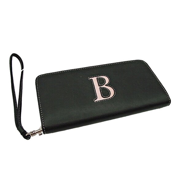 Liz Claiborne Initial B Perfect Clutch Wallet Solid Black Pink Wristlet Full Zip - Picture 1 of 12